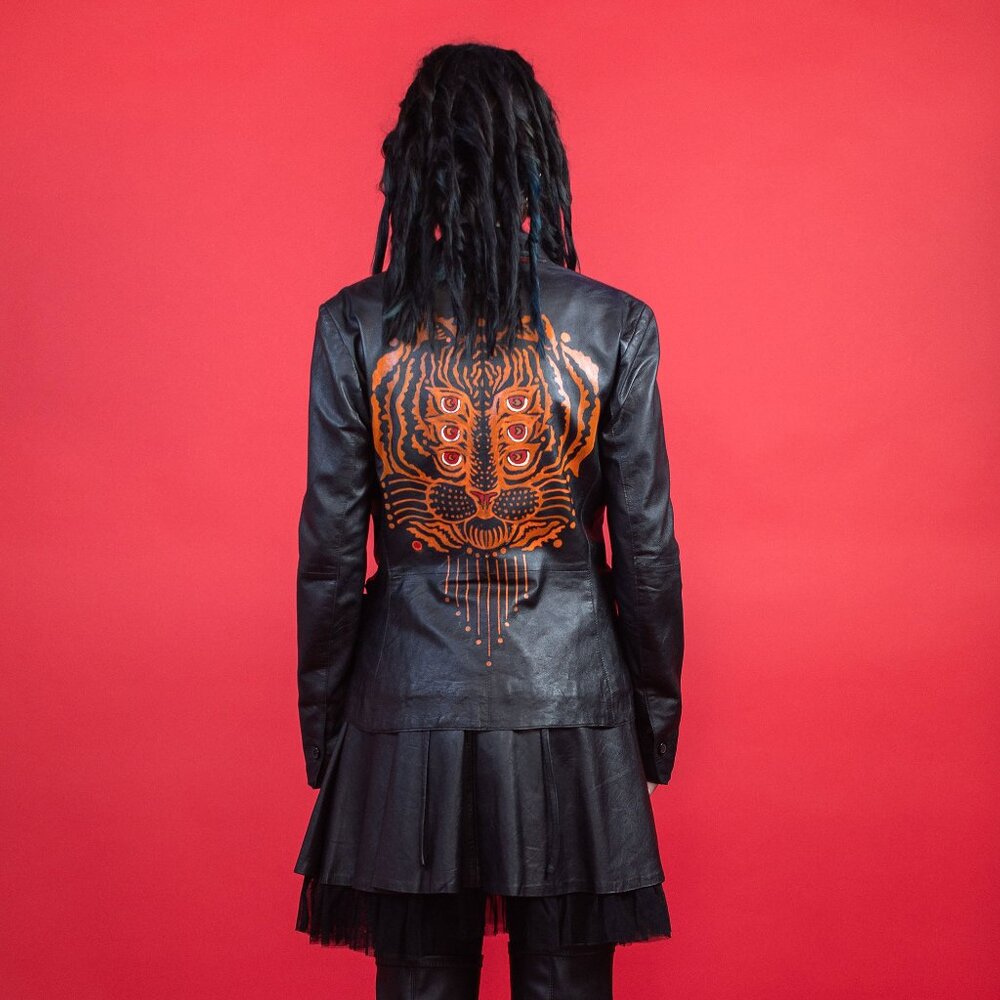 Hand-painted Vintage Leather Jacket, "Tiger Eye," SPARK + REBEL - Size S